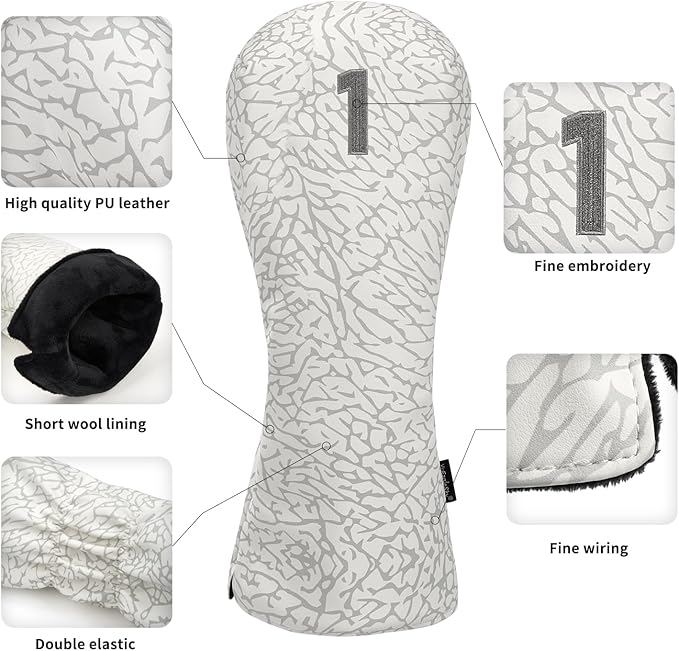 Golf Driver Head Covers 3-Pack for Men & Women - Premium PU Leather with Elephant Embroidery, Double Elastic Band (Driver/Fairway/Hybrid), Waterproof & Durable - White Grey or Black Grey