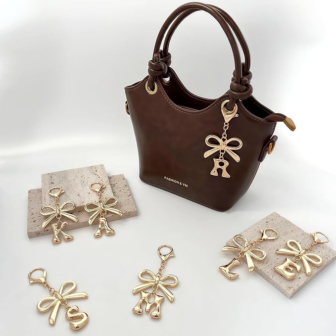 Gold Bubble Heart, Cherry, Bow & More Designs Letter Initial Keychain Bag Charms – Cute Purse Charms for Handbags