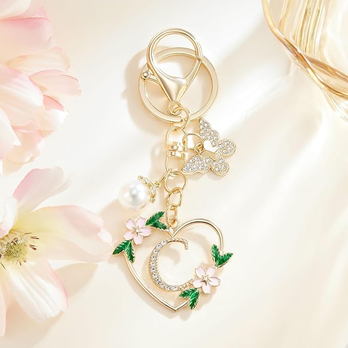 Gold Heart Initial Letter Keychain for Women Key chain Keyring for Purse Handbags Backpack Charm