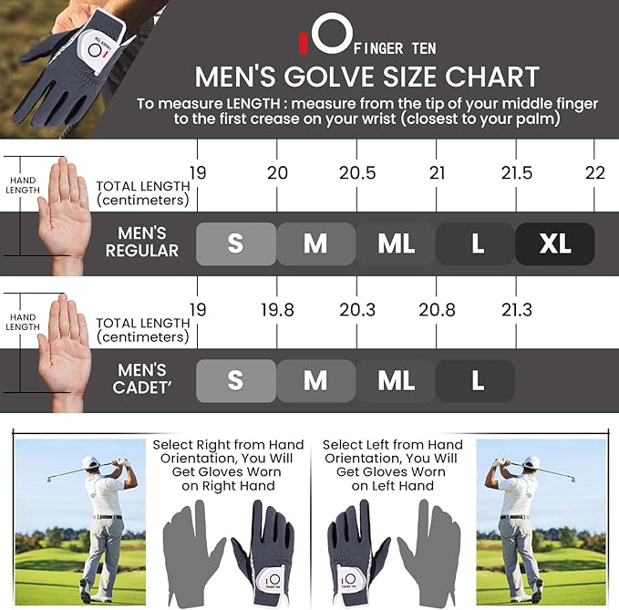 FINGER TEN Men's Golf Gloves for Right Left Handed Golfer Rain Grip Value 2 Pack, Golf Glove for Left or Right Hand Hot Wet Weather No Sweat Black Gray White Blue