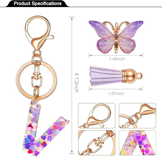 JINGUAZI Initial letter Keychains for Women Tassel Butterfly Pink Purple Cute Car Keychain for Wallet Backpack bag charm