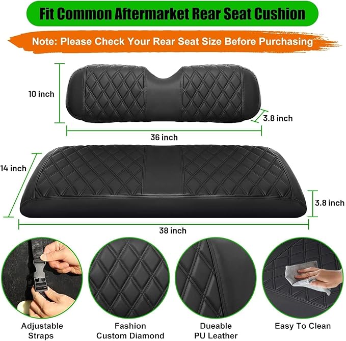 Golf Cart Rear Seat Covers for EZGO Club Car Yamaha Aftermarket Rear Seat Only-Thick Premium Marine Leather with Custom Diamond Design Comfortable/Anti-Scratch/Anti-Fading/Easy to Install