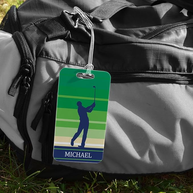 ChalkTalkSPORTS Golf Luggage & Bag Tag | Personalized Male Golfer | Standard Lines on Back | Large | Green
