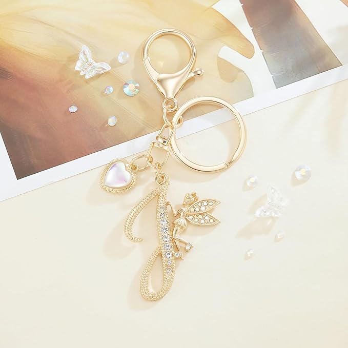 Gold Plated Alphabet Initial Letter Keyring Keychain for Women Girls Crystal Key Chains for Wallet Backpack Bag Charm