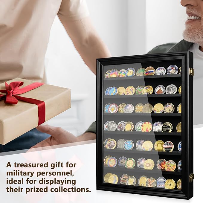 7 Rows Military Challenge Coin Holder Wall Display Case with HD Tempered Glass – Holds 100 Coins, Medal Display Cabinet Rack Shadow Box with Removable 2-Groove Shelves for Casino Poker Chips, Black