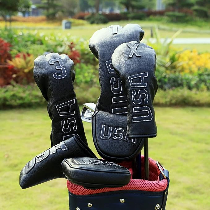 Golf Club Head Covers,USA Golf Driver Headcover Fariway Wood Covers Hybrid Head Covers 3 Wood Headcover Leather Golf Headcover with Number Tag for All Brand
