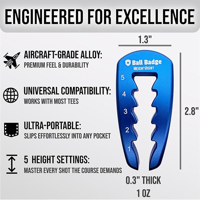 Ball Badge HeightRight Adjustable Golf Tee Height Tool – Precision Tee Height Setter for Consistent Swings, Durable Aluminum Design, Easy-to-Use Golf Training Aid