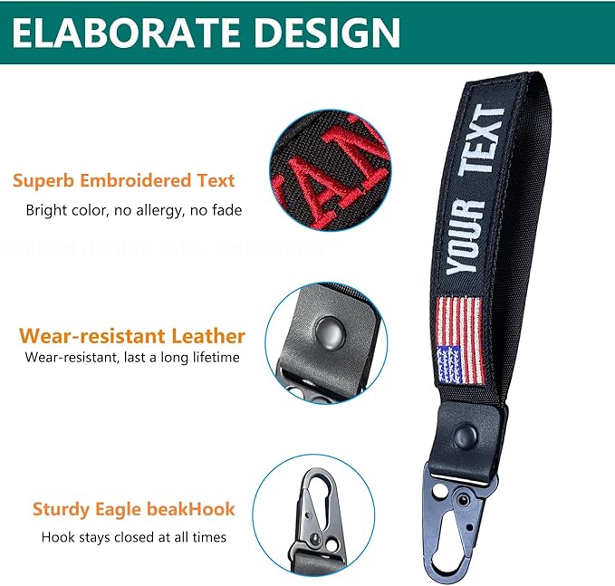 Custom Keychain,Personalized Key Tag Embroidery USA Flag Name with Key Ring Car Key Chain Clip Nylon Webbing Buckle