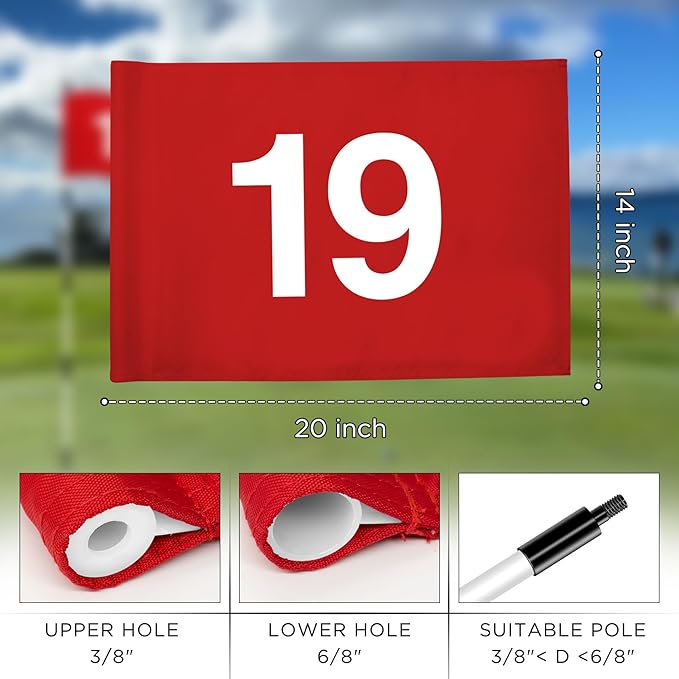KINGTOP Numbered Golf Flag 20x14 Inch - 420D Dual-layer Nylon, Double Sided Printed, Tube Inserted - Standard Putting Green Flags for Backyard Practice, Golf Courses, Country Club, The 19th Hole