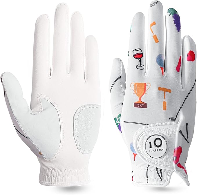 FINGER TEN Stylish Golf Gloves Women with Ball Marker 1 Pack for Left or Right Hand, Breathable Glove with Fashion Patterns for Ladies Right Left Handed Golfer