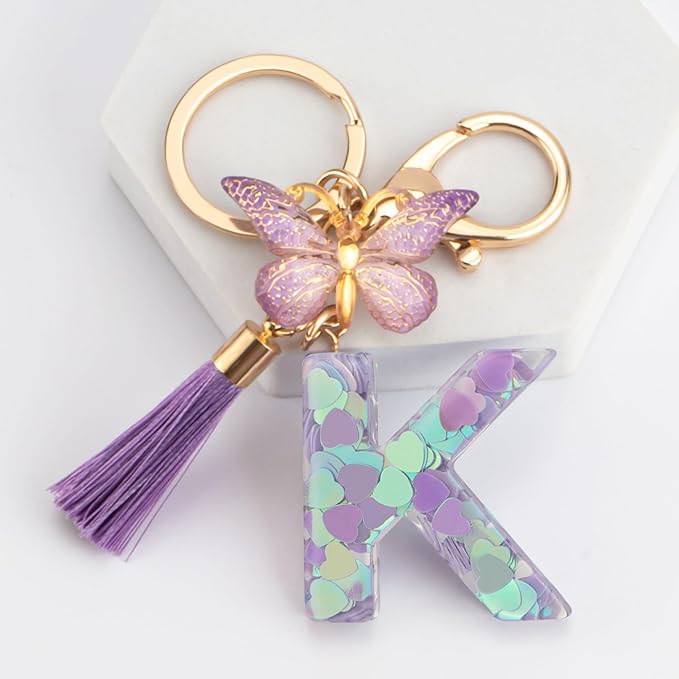 Suweibuke Colourful Cute Initial Letter Keychains for Women Girls with Tassel Butterfly, Charm for Purse Handbags Backpacks
