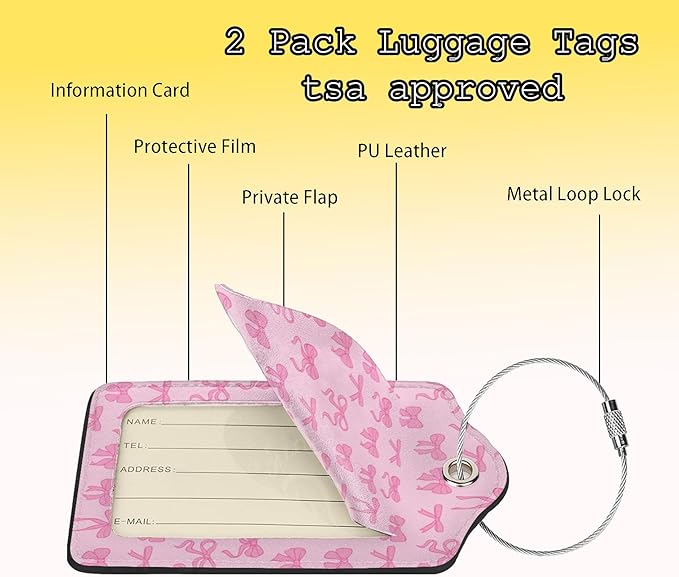 TSA Approved Luggage Tags for Suitcases Pink Bow 2 Pack Funny Leather Carnival Cruise Airport Cute Travel Name Tags Golf Bag tag Ships Essentials Privacy Cover ID Label for Women Men