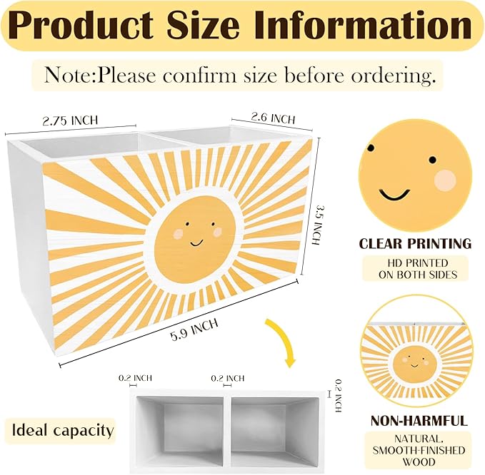 Boho Sunshine Pen Holder for Desk, Boho Classroom Decor Pencil Organizer, Cute Orange Yellow Sun Wooden Box Sign Desk Decor for Kids Room Nursery Playroom Classroom Decoration