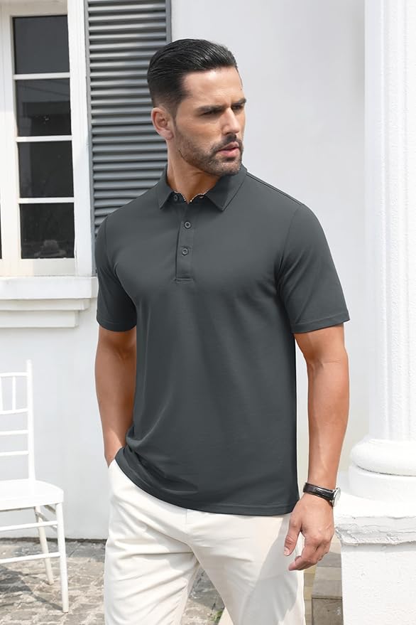 MAGCOMSEN Men's Polo Shirts Short Sleeve Cotton Pique 3 Button Classic Fit Casual T-Shirt Performance Golf Shirts