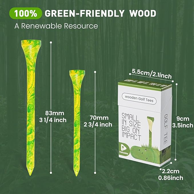 Amy Sport Colorful Golf Tees Wooden 3 1/4 2 3/4 Inch Value 18/72/180 Pack, Stylish Painted Bamboo Tees for Enhanced Visibility, Reduce Friction & More Stable Tees for Men Women