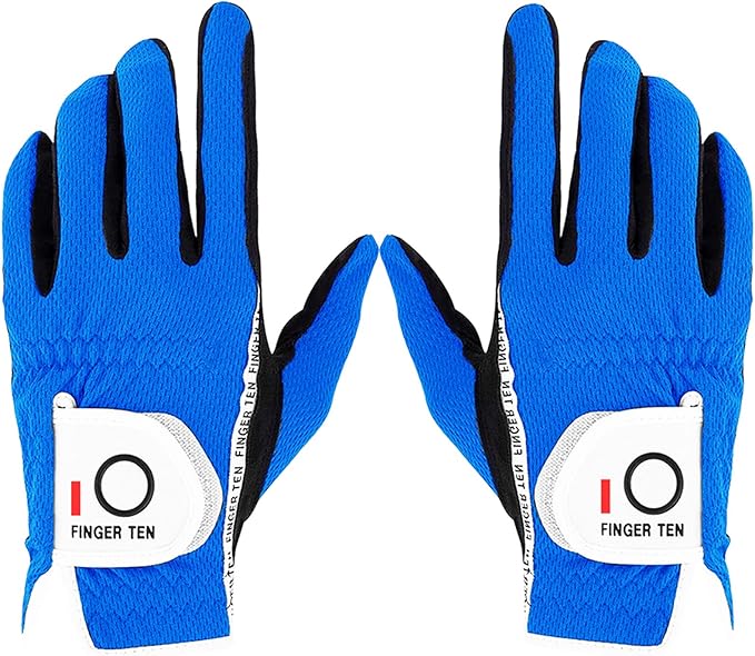 FINGER TEN Premium Rain Grip Men's Golf Gloves 1 Pair, Hot Wet Weather No Sweat Glove for Serious Feel & Performance, Left Right Hand Black Gray White Blue Fit Size S M L XL 2XL 3XL
