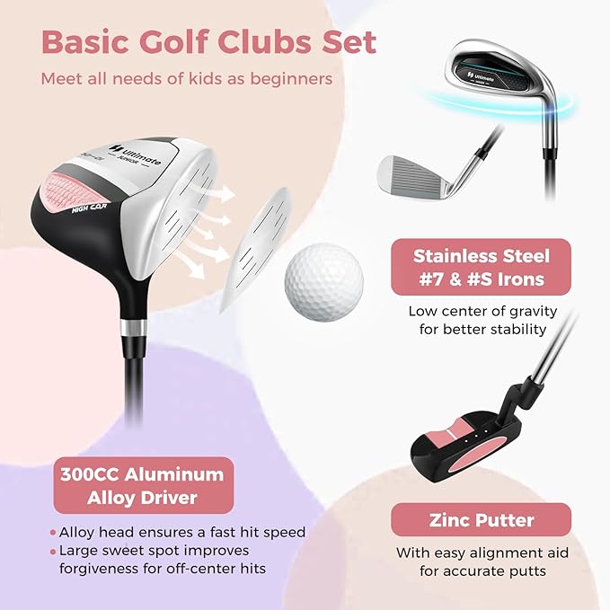 Goplus Junior Complete Golf Club Set for Kids, Right Hand Golf Clubs with Stand Bag, Rain Hood, Golf Practice Set for Ages 5-7,8-10,11-13 Boys Girls