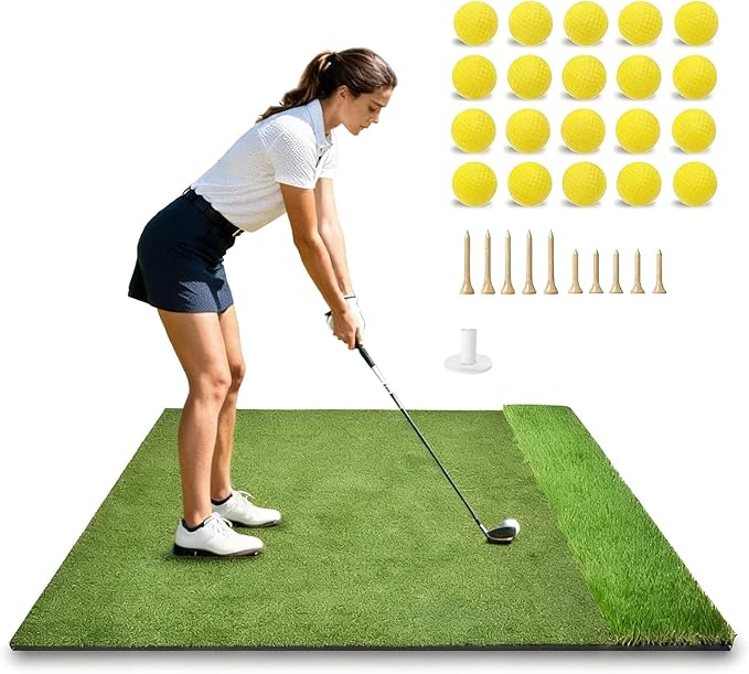 Thickened Golf Mats Practice Outdoor Indoor, 5X4ft 31/36mm Dual-Turf Hitting Mat with 20 Balls for Swing Chipping Driving