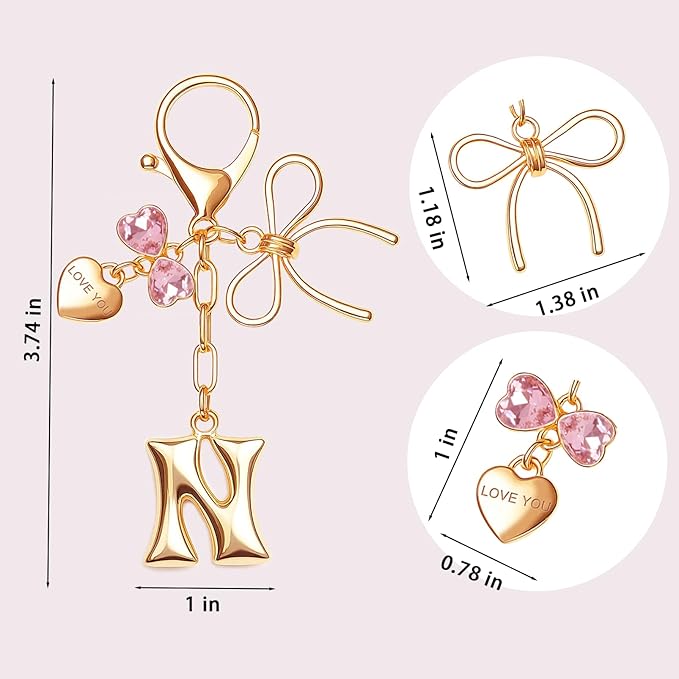 Gold Bubble Initial Keychain with Bow Decoration Bag Charms for Women, Cute Purse Handbag Accessories Gift