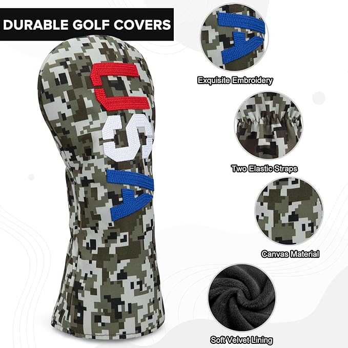 Golf Club Head Covers, Camouflage USA Design Golf Driver Covers, Fairway Wood and Hybrid Head Covers with Interchangeable Tags, Durable Canvas Material Golf Club Covers