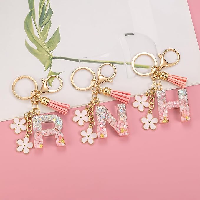SELOVO Girls Pink Flower Chain Cute Keychain Initial Keychain Key Chain for Women