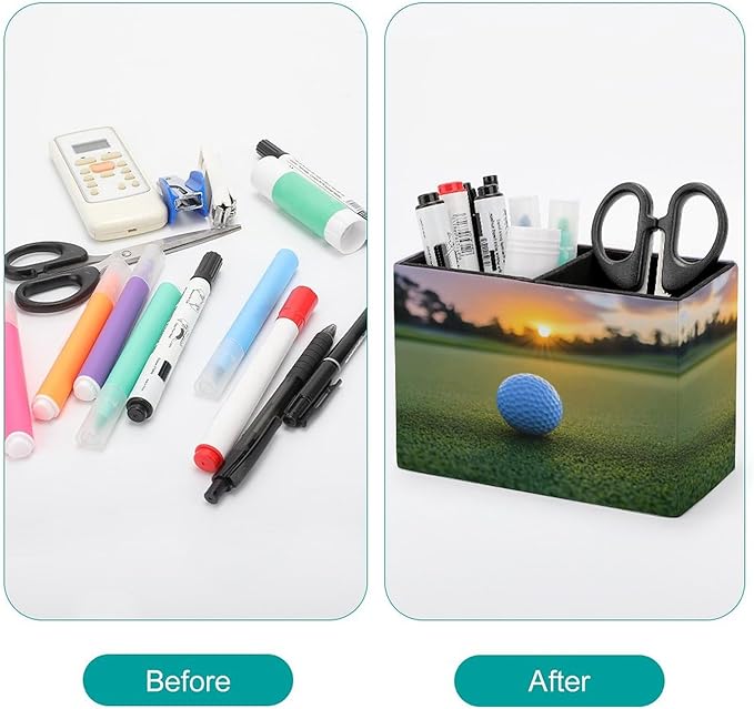 Pens Holder, Pencils Holder for Desk Organizer, Sport Golf Ball Sunset PU Leather Pencil Cups Desktop Stationery Storage Makeup Brush Holder Pens Organizer for Office Home