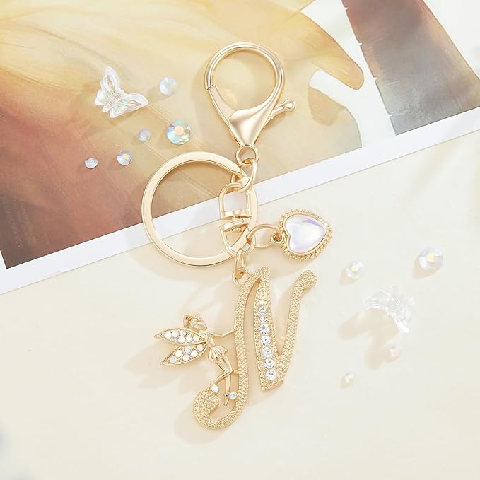 Gold Plated Alphabet Initial Letter Keyring Keychain for Women Girls Crystal Key Chains for Wallet Backpack Bag Charm