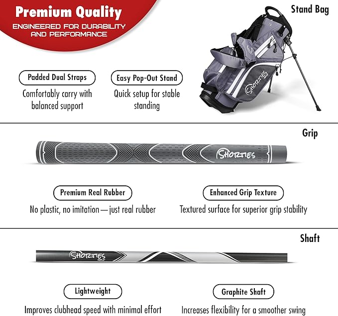 Shorties Golf - Kids Golf Club Set | Perfect for Toddler Golfers and Kids 34"-38" Tall | EasyCarry Stand Bag | Driver, 7-Iron, Putter, Headcover, and Rain Cover