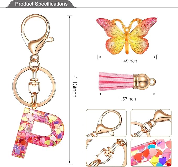 JINGUAZI Initial letter Keychains for Women Tassel Butterfly Pink Purple Cute Car Keychain for Wallet Backpack bag charm