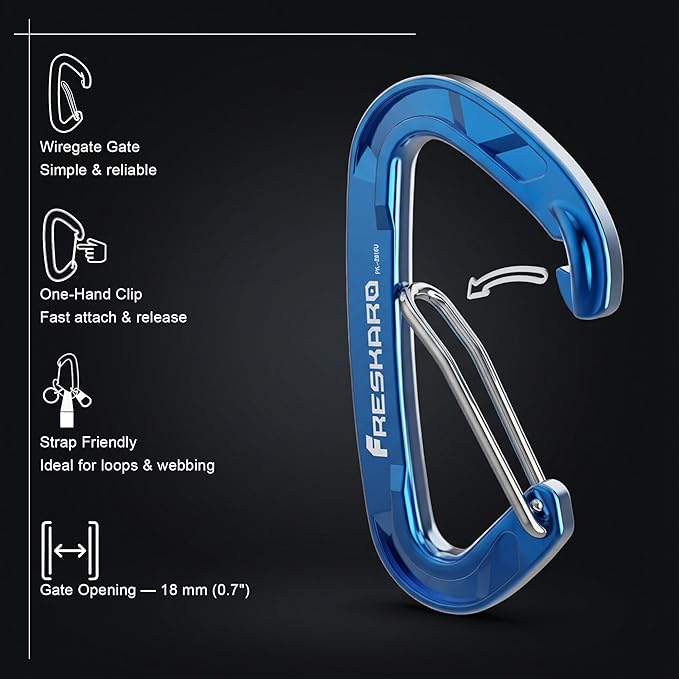 FresKaro 15kN-3372lbs Heavy Duty Wiregate Carabiners, Reliable Time-Tested Stainless Steel Spring Gate, for Camping, Hiking, Hammocks, Backpacking, Dog Leash etc., 3.15inch