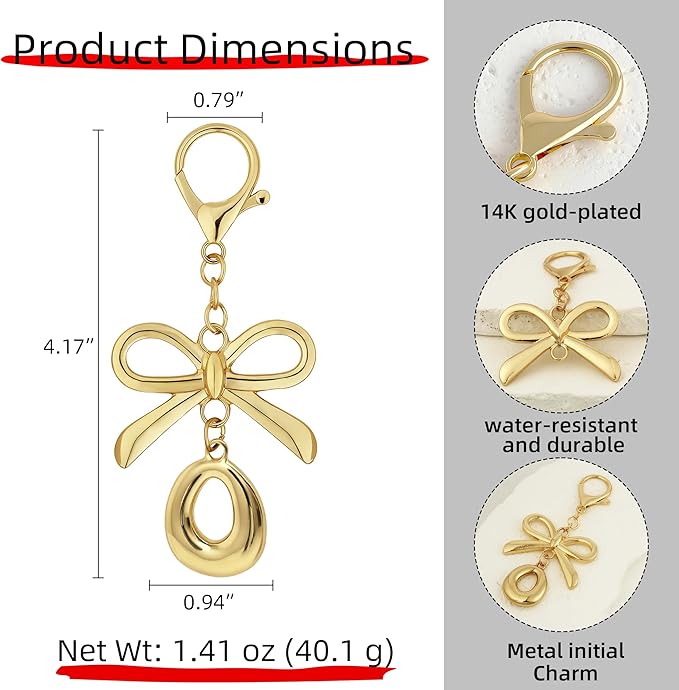 Gold Bubble Heart, Cherry, Bow & More Designs Letter Initial Keychain Bag Charms – Cute Purse Charms for Handbags