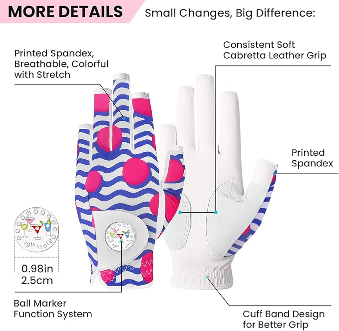 FINGER TEN Stylish Golf Gloves Women with Ball Marker 1 Pack for Left or Right Hand, Breathable Glove with Fashion Patterns for Ladies Right Left Handed Golfer