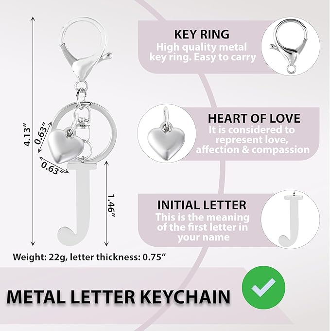 Metal Heart Alphabet Keychain for Women, Girls - Cute Initial Letter Accessories for Purse, Bag Charms and Backpack