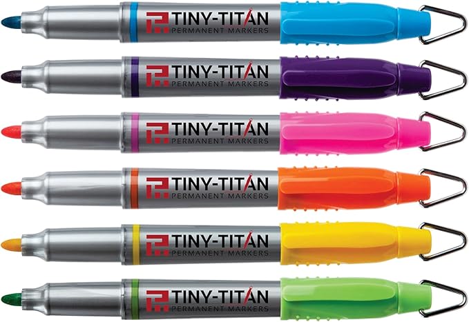 Tiny-Titan 6 Assorted Colors, Mini Markers, Golf Ball Marker, Clip On Nurse's Badge, Keychain Clip - Caribbean Series - Fine Point - Orange, Purple, Pink, Turquoise, Lime Green, Yellow - 6 Pen Pack