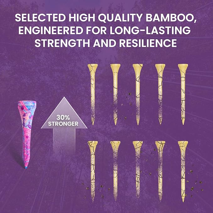 Amy Sport Golf Tees Styllish Bamboo Wooden Coloured Painted Bulk 200 Pack 1 1/2 3 1/4 2 3/4 Inch Tee, Enhanced Visibility Color Purple Pink Green Blue, Practice for Men Women