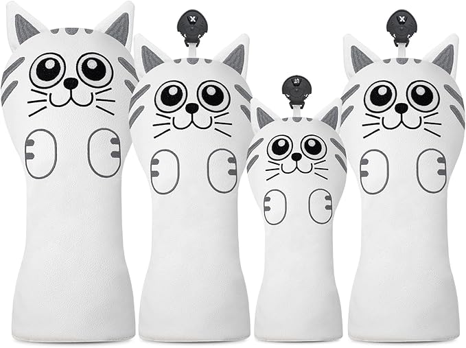 Golf Kitty Head Cover Golf Club White Leather Headcovers 1pc/4pcs Set Fits Driver Fairway Wood Hybrid Utility Putter Iron Wedge Headcover.