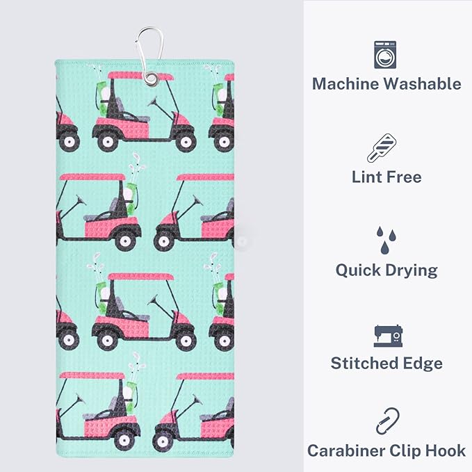 Microfiber Golf Towels for Golf Bags & Carts - Premium Weave Waffle & Ball Towels with Carabiner Clip, Essential Accessories for Men, Women, and Kids, Golfer Gifts, Set of 2 (Golf Cart)