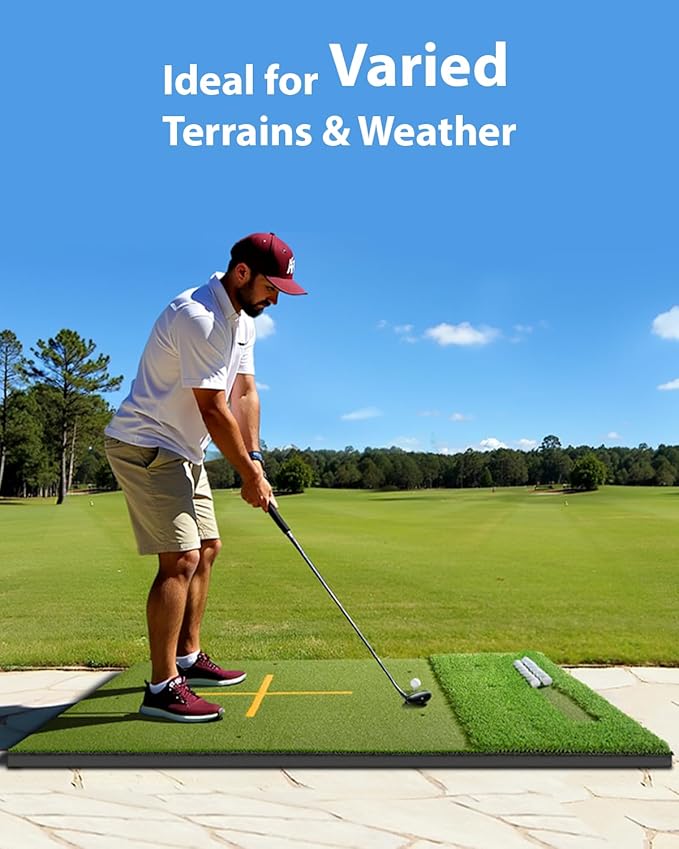 5.2x4ft & 6x4ft 21mm-45mm Dual-Turf Golf Mat with Ball Tray, Thickened Golf Hitting Mat with 9 Hitting Holes, Alignment Aid Practice Mat for Hitting, Driving Chipping, Swinging, Gifts for Men/Dad/Him