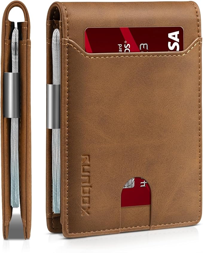 RUNBOX Money Clip Wallets for Men,Slim Leather Mens Bifold Wallet,RFID Blocking Front Pocket Wallet,Thin Credit Card Holder with Gift Box