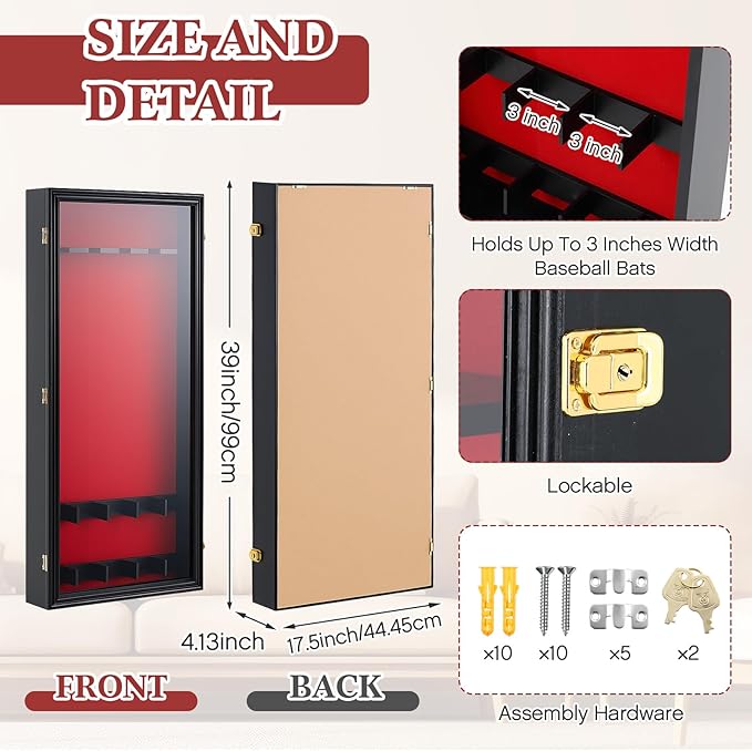 Baseball Bat Display Case Wall Mounted Shadow Box Vertical or Horizontal UV Protection Display Boxes with Acrylic Transparent Door Holder for Collector Memorabilia Gift(5 Baseball Bat)