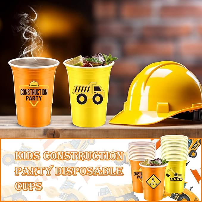 Norme 48 Pcs Construction Party Supplies Bulk 16 oz Construction Party Thick Plastic Disposable Cup Hot Cold Drink Wine Coffee for Home Holiday Party Supplies Favors