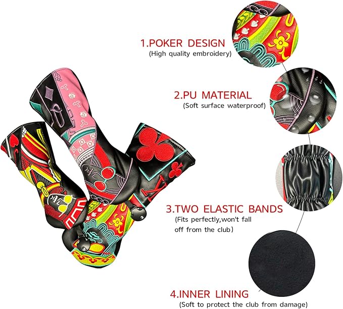 Poker Golf Headcover Golf Club Covers Fairway Wood Cover Headcover with Premium Synthetic Leather Material Embroidery Poker Pattern Fits for All Brand Golf Clubs.