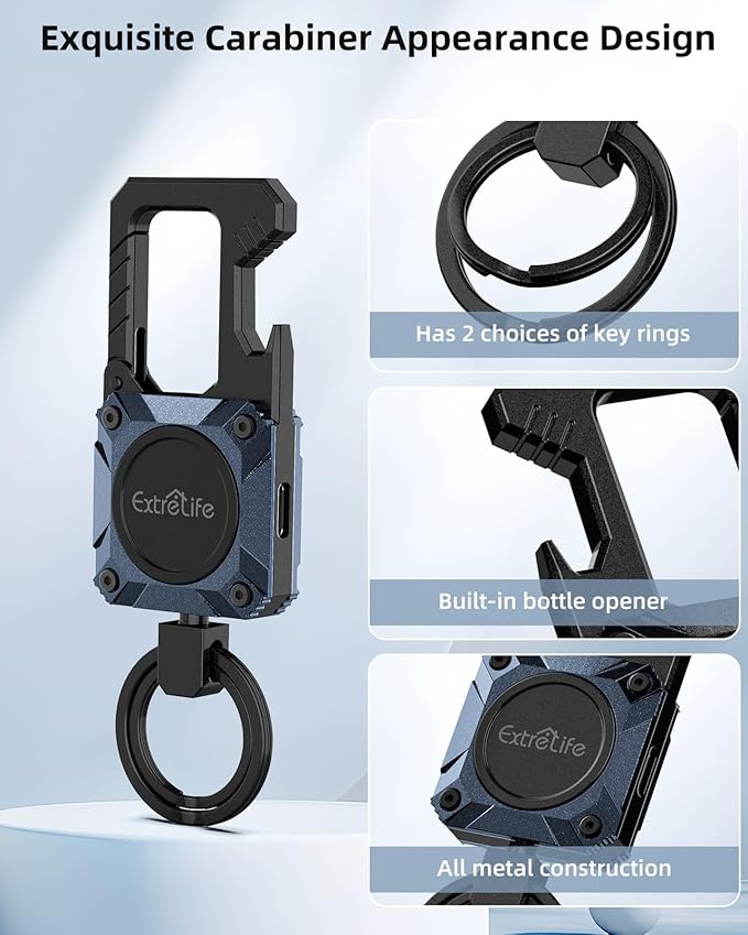 Keychain, Works with Apple Find My, Heavy Duty Keychain Bottle Opener, Carabiner Car Key Chains with GPS Tracker, Key Finder, Bluetooth Tracker for Luggage, Kids, Bags and More, Rechargeable, Blue