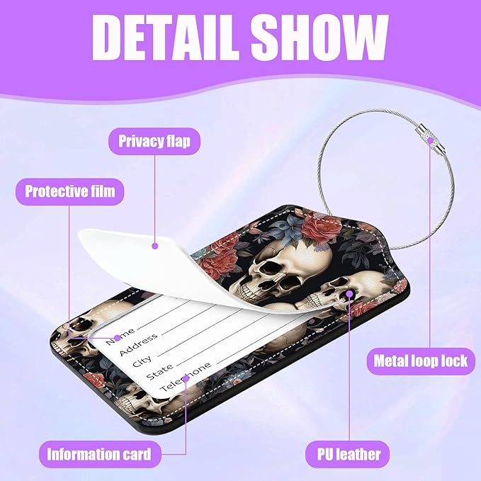 3 Pack Skull Flowers Luggage Tags for Suitcase PU Leather Travel Luggage Tag Privacy Cover ID Label for Women Men Baggage Backpack Handbag School Bag