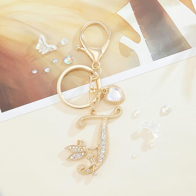 Gold Plated Alphabet Initial Letter Keyring Keychain for Women Girls Crystal Key Chains for Wallet Backpack Bag Charm