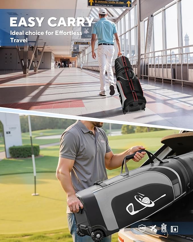 M KARMATER Golf Travel Bags for Airlines with Wheels - Foldable Hard Case with ABS Top and 1680D Heavy Duty Oxford, Full Padding Protection, 3 Storage Compartments for Golf Clubs and Accessories