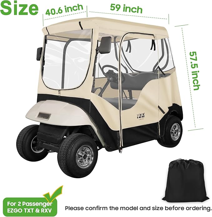 10L0L Golf Cart 2 Passenger Enclosure for EZGO TXT & RXV, 4-Sided Clear Window Rain Cover All Weather Waterproof Windproof, Beige