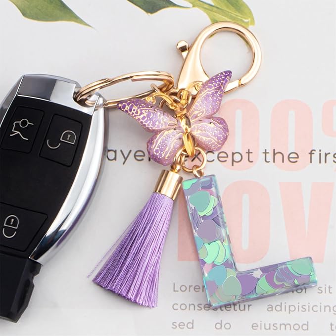 Suweibuke Colourful Cute Initial Letter Keychains for Women Girls with Tassel Butterfly, Charm for Purse Handbags Backpacks
