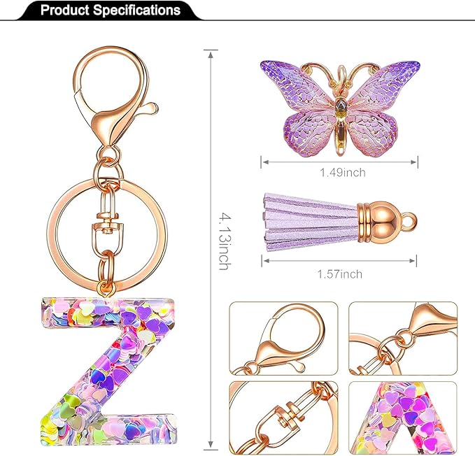 JINGUAZI Initial letter Keychains for Women Tassel Butterfly Pink Purple Cute Car Keychain for Wallet Backpack bag charm