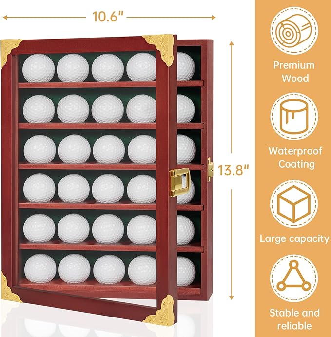 Golf Ball Display Case, Solid Wood Golf Ball Holder, Wall Mounted Golf Ball Rack with Acrylic Door for Golf Enthusiasts (Mahogany, for 30 Golf Balls)